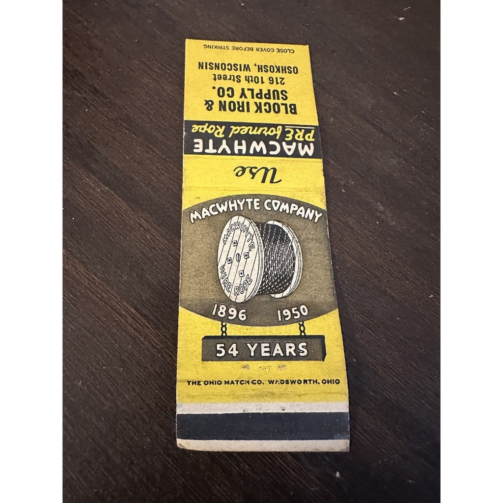 Vintage 1950s MacWhyte Company Advertising Matchbook Oshkosh Wis