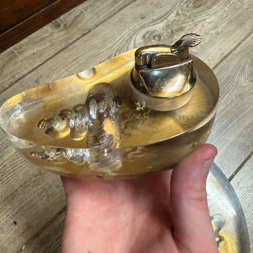 Vintage Mid Century Gold Lighter Ashtray Lucite Table Lighter Ashtray