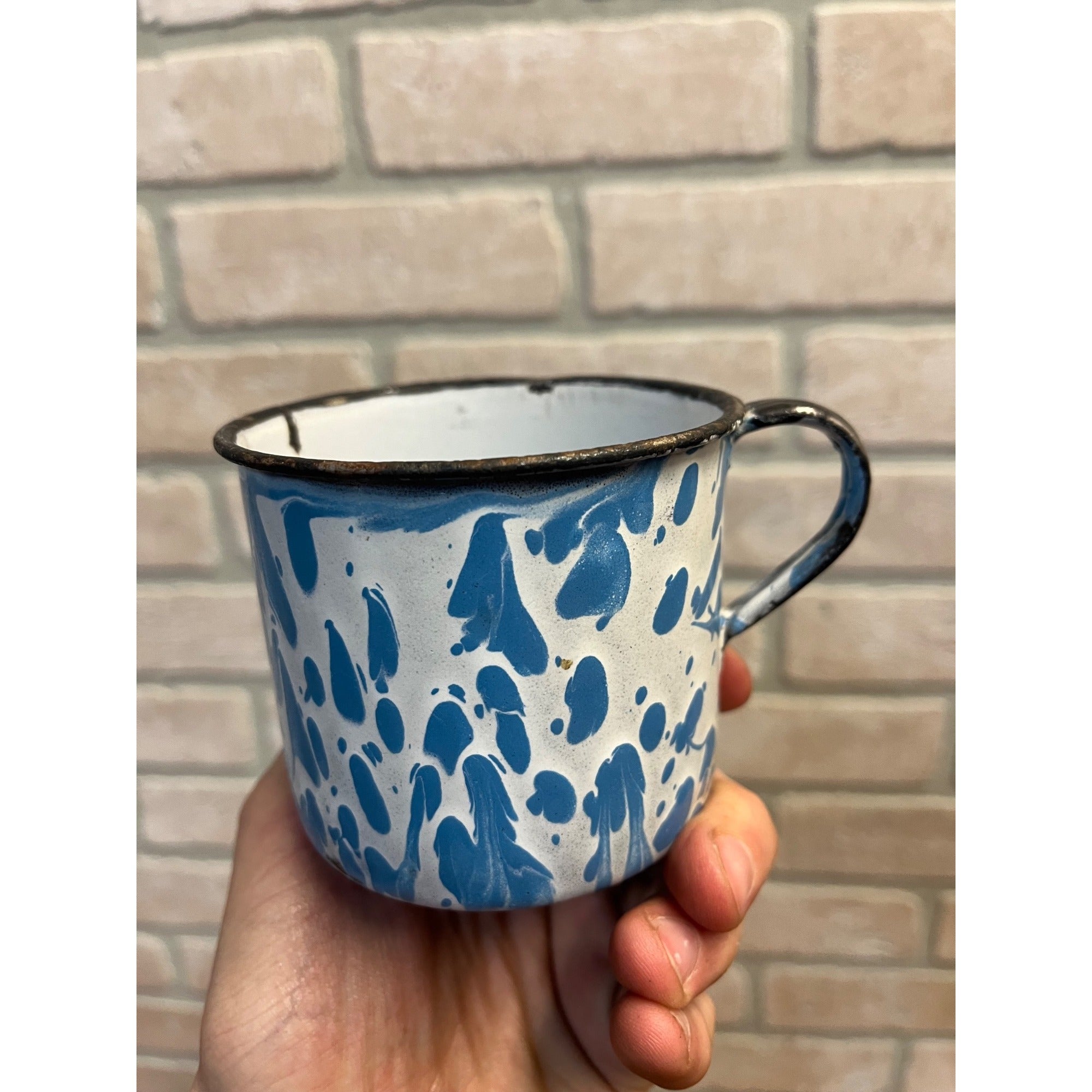 Antique Primitive Enamelware Blue & White Swirl Coffee Cup Mug Farmhouse Kitchen Decor