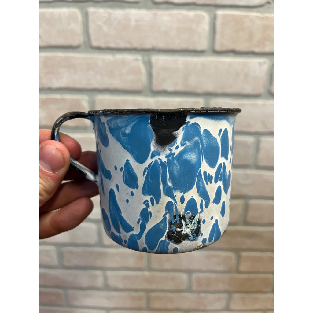 Antique Primitive Enamelware Blue & White Swirl Coffee Cup Mug Farmhouse Kitchen Decor