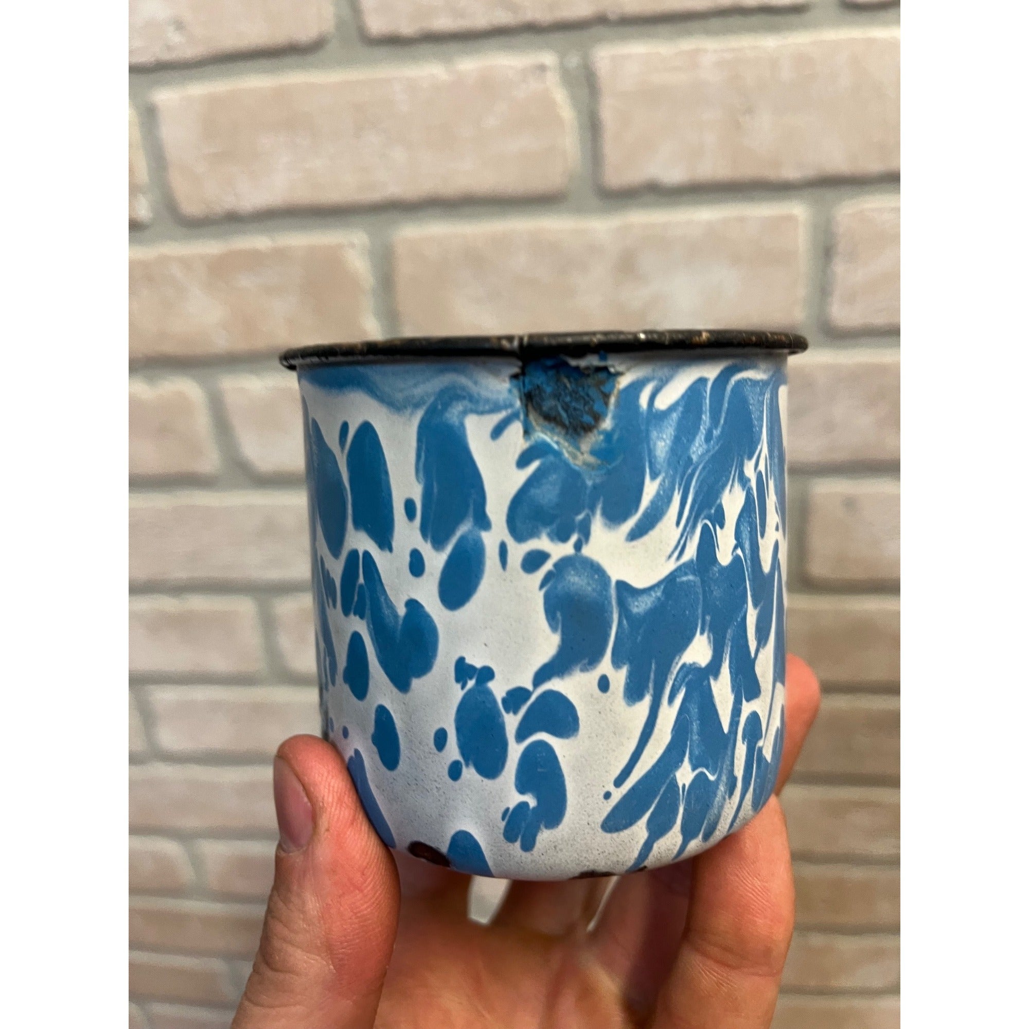 Antique Primitive Enamelware Blue & White Swirl Coffee Cup Mug Farmhouse Kitchen Decor