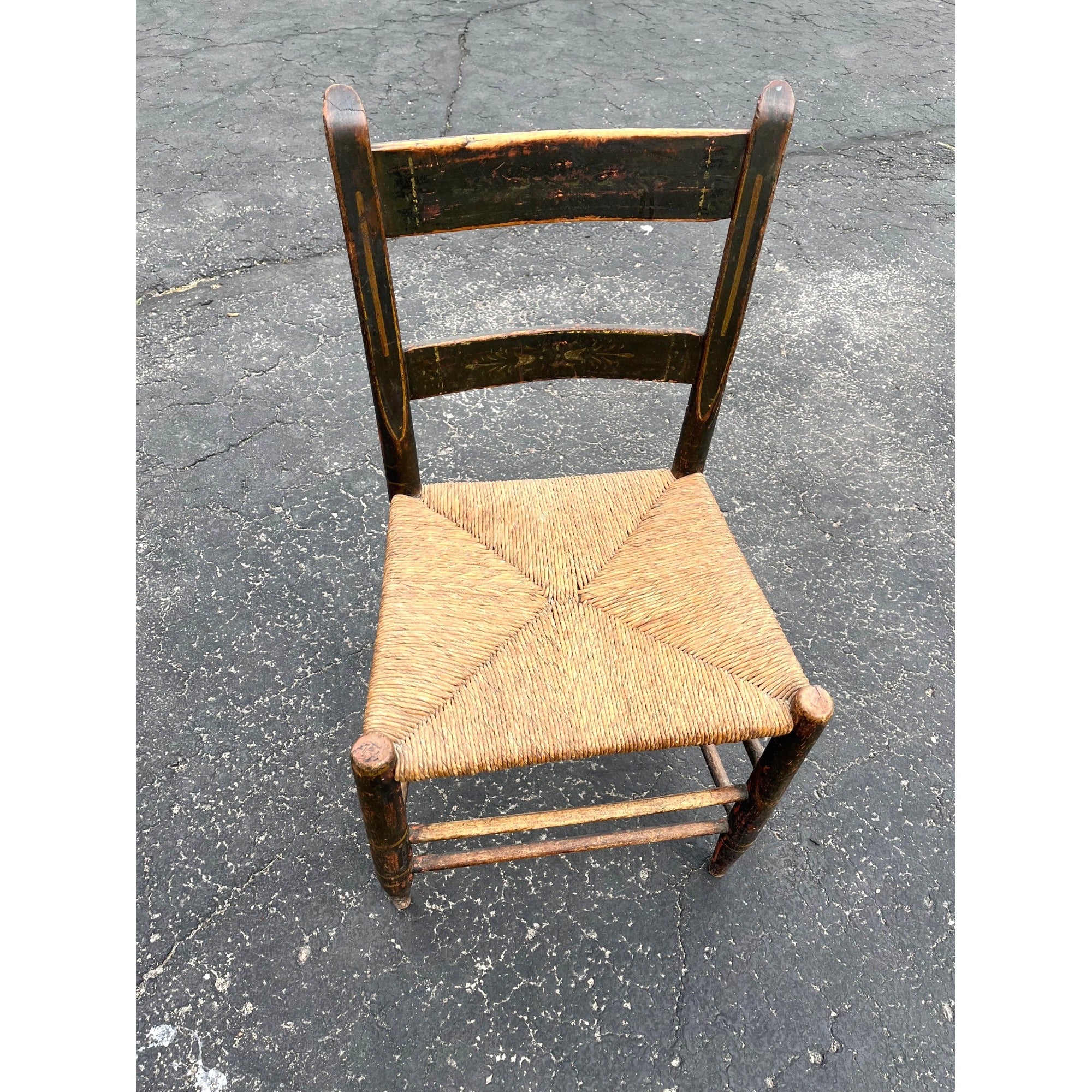 Antique Primitive 19th c. American Primitive Ladderback Rush Seat Chair Painted Folk Art 1830s Civil War Era