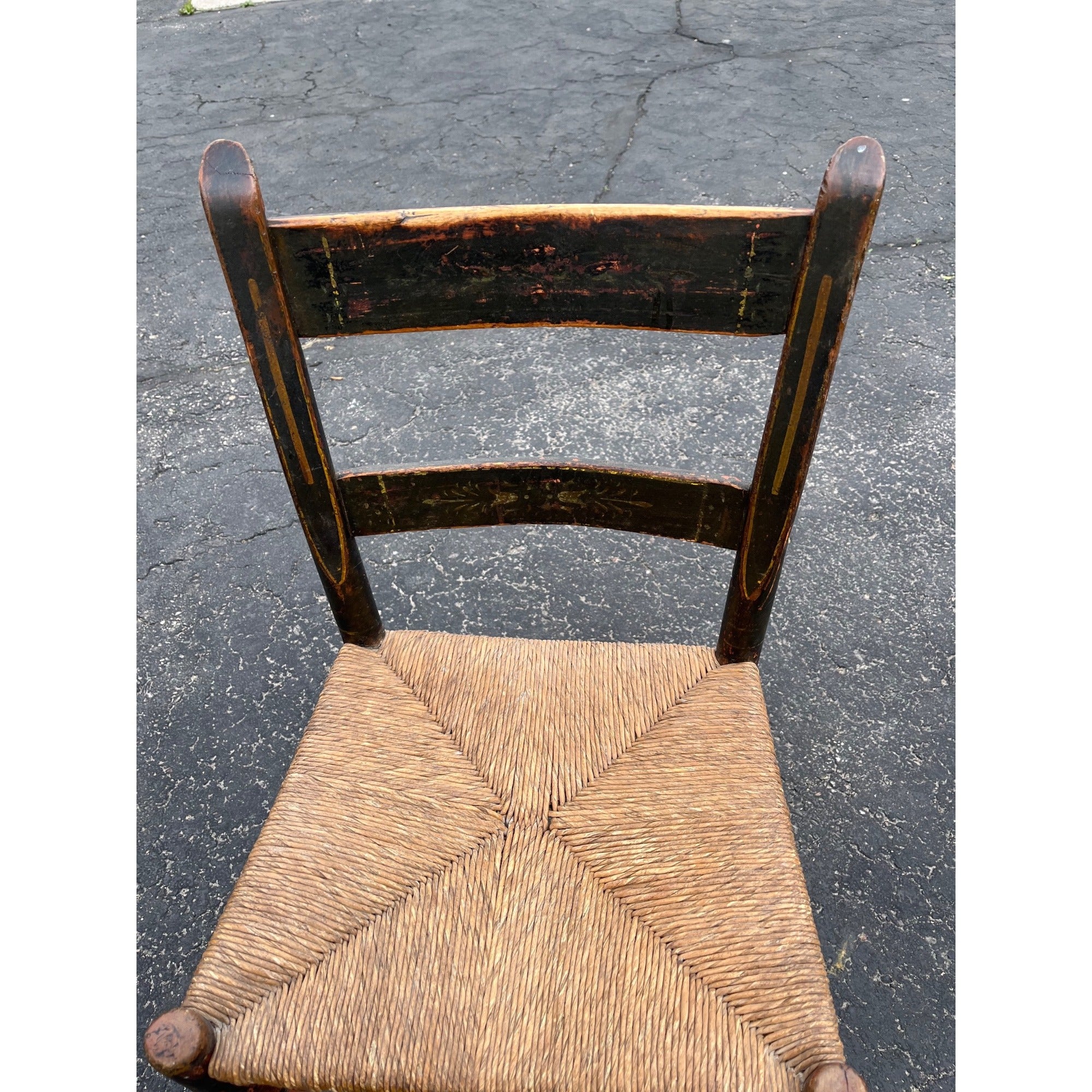 Antique Primitive 19th c. American Primitive Ladderback Rush Seat Chair Painted Folk Art 1830s Civil War Era