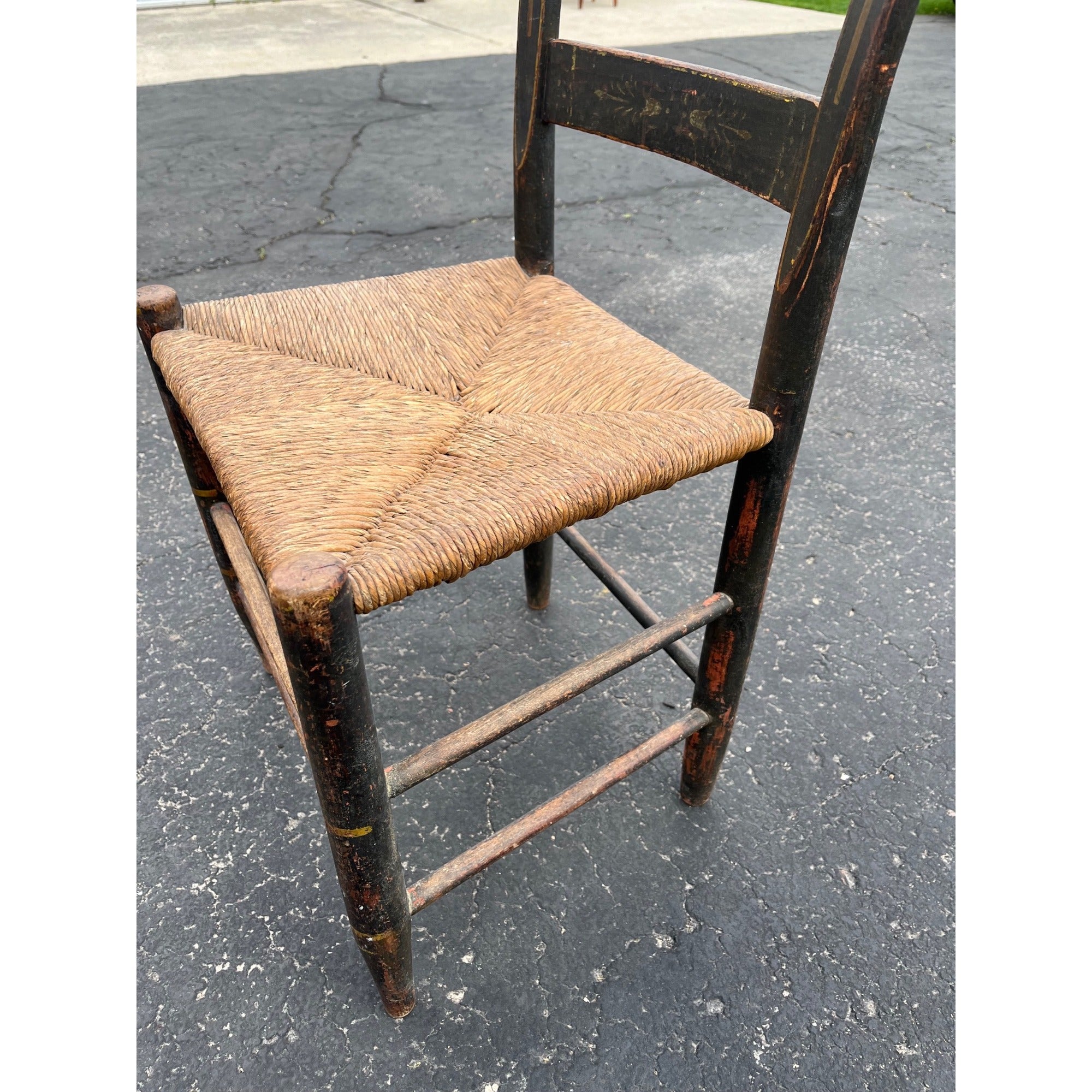 Antique Primitive 19th c. American Primitive Ladderback Rush Seat Chair Painted Folk Art 1830s Civil War Era
