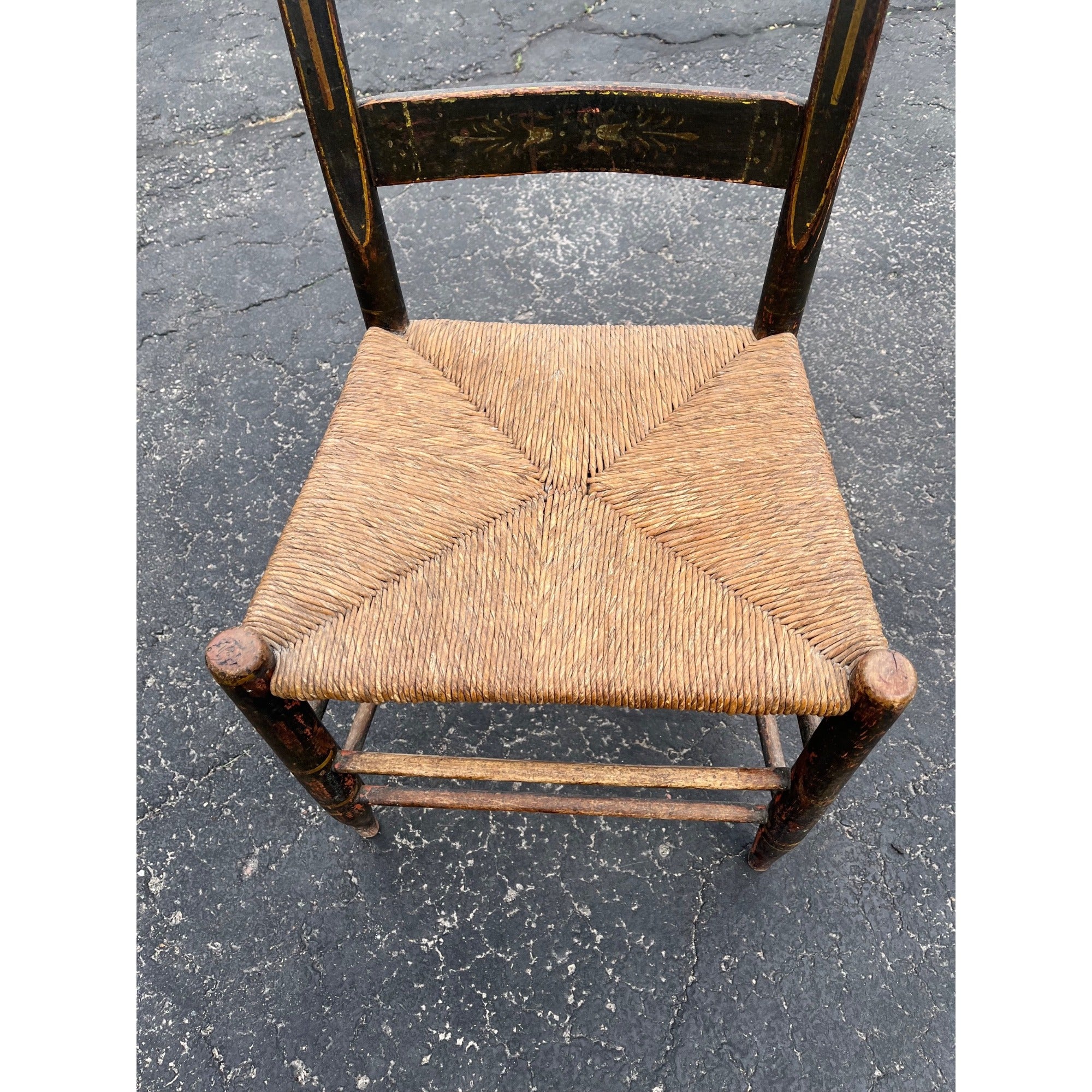 Antique Primitive 19th c. American Primitive Ladderback Rush Seat Chair Painted Folk Art 1830s Civil War Era