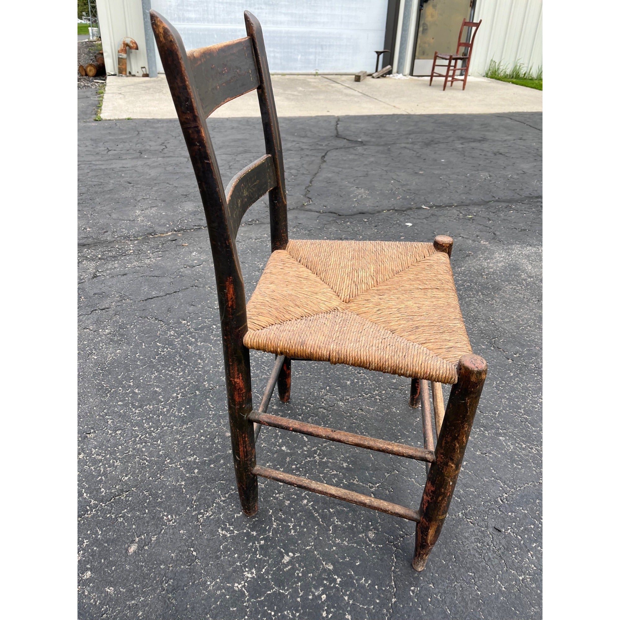 Antique Primitive 19th c. American Primitive Ladderback Rush Seat Chair Painted Folk Art 1830s Civil War Era