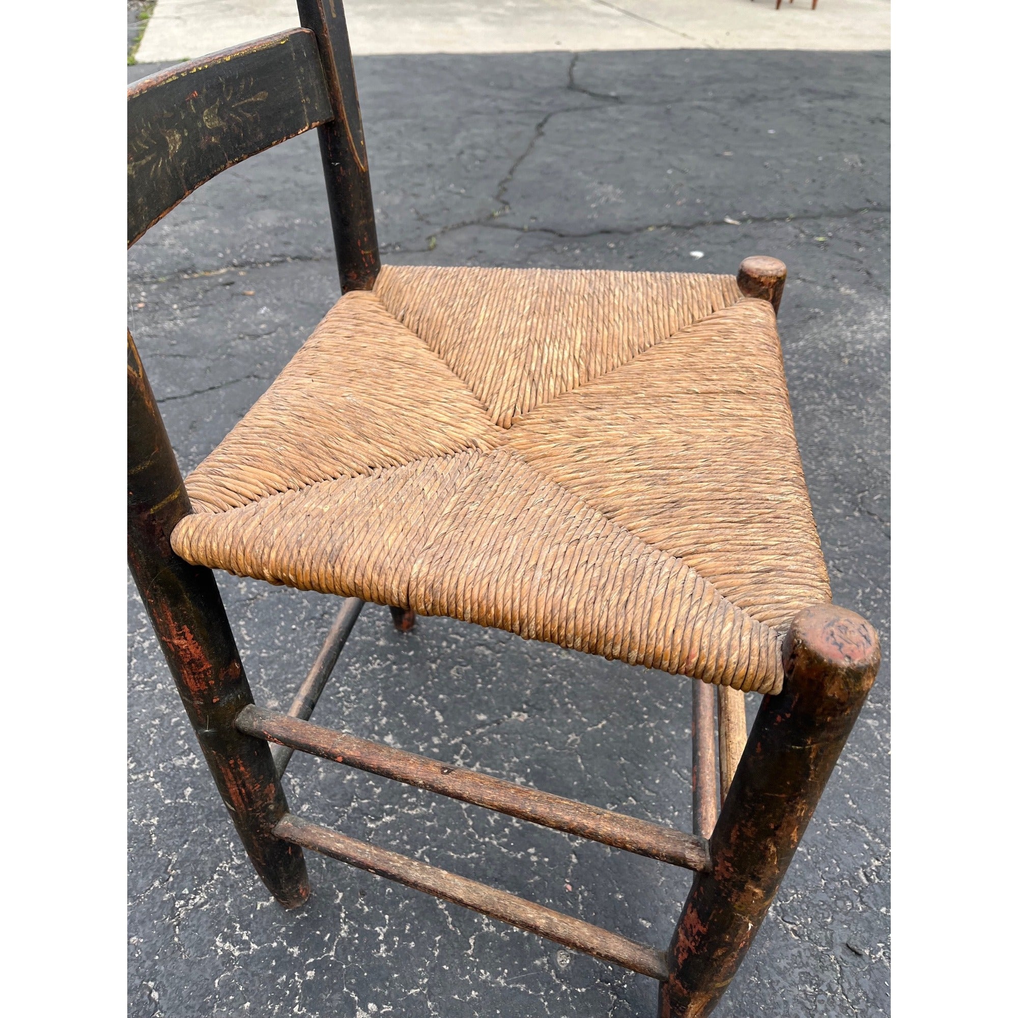 Antique Primitive 19th c. American Primitive Ladderback Rush Seat Chair Painted Folk Art 1830s Civil War Era