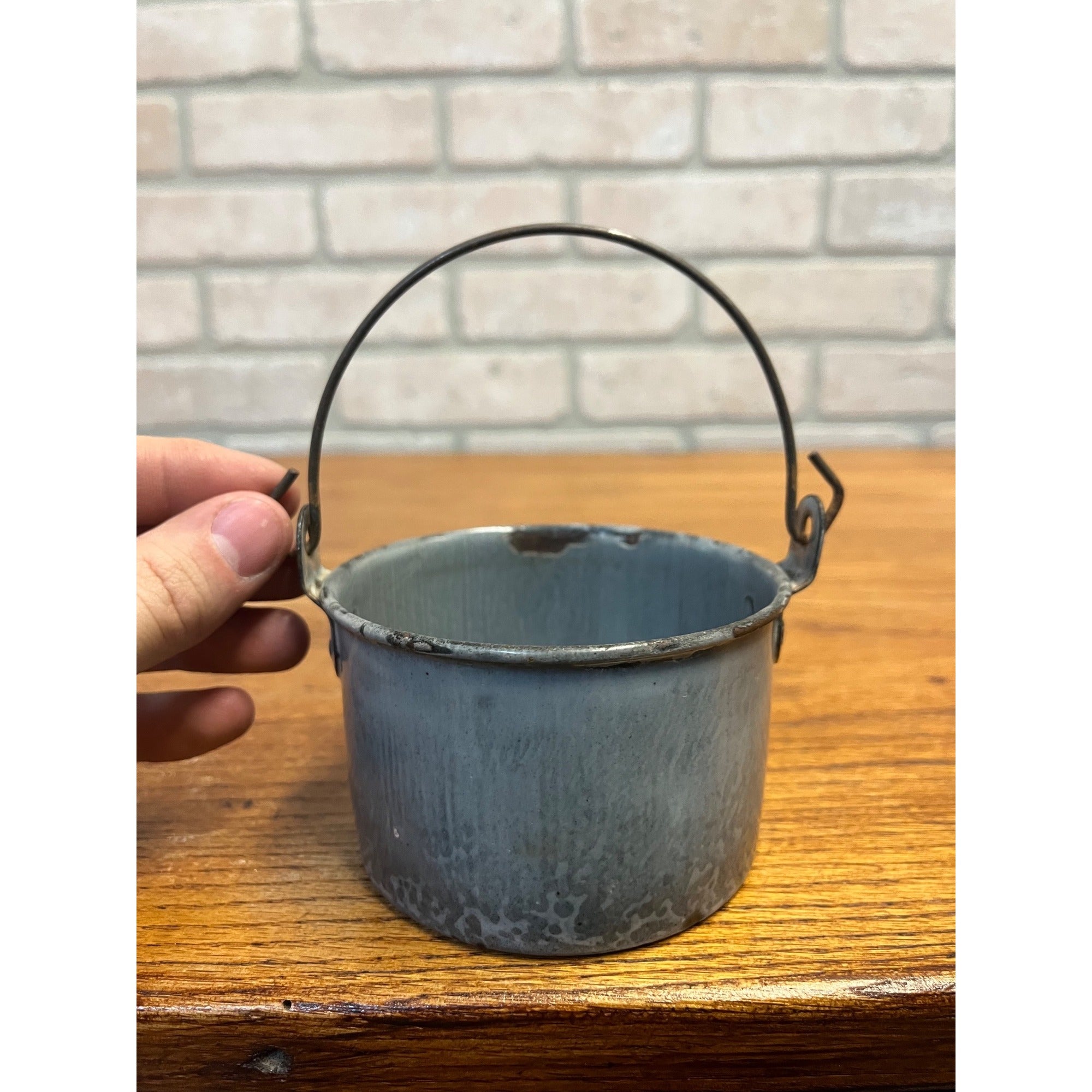 Antique Primitive Gray Enamel Graniteware Berry Bucket / Berry Pail -No Lid- Farmhouse Decor, Miniature