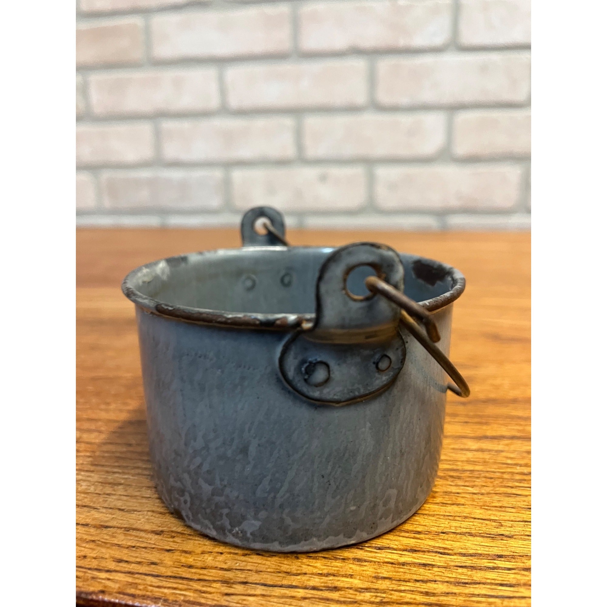Antique Primitive Gray Enamel Graniteware Berry Bucket / Berry Pail -No Lid- Farmhouse Decor, Miniature