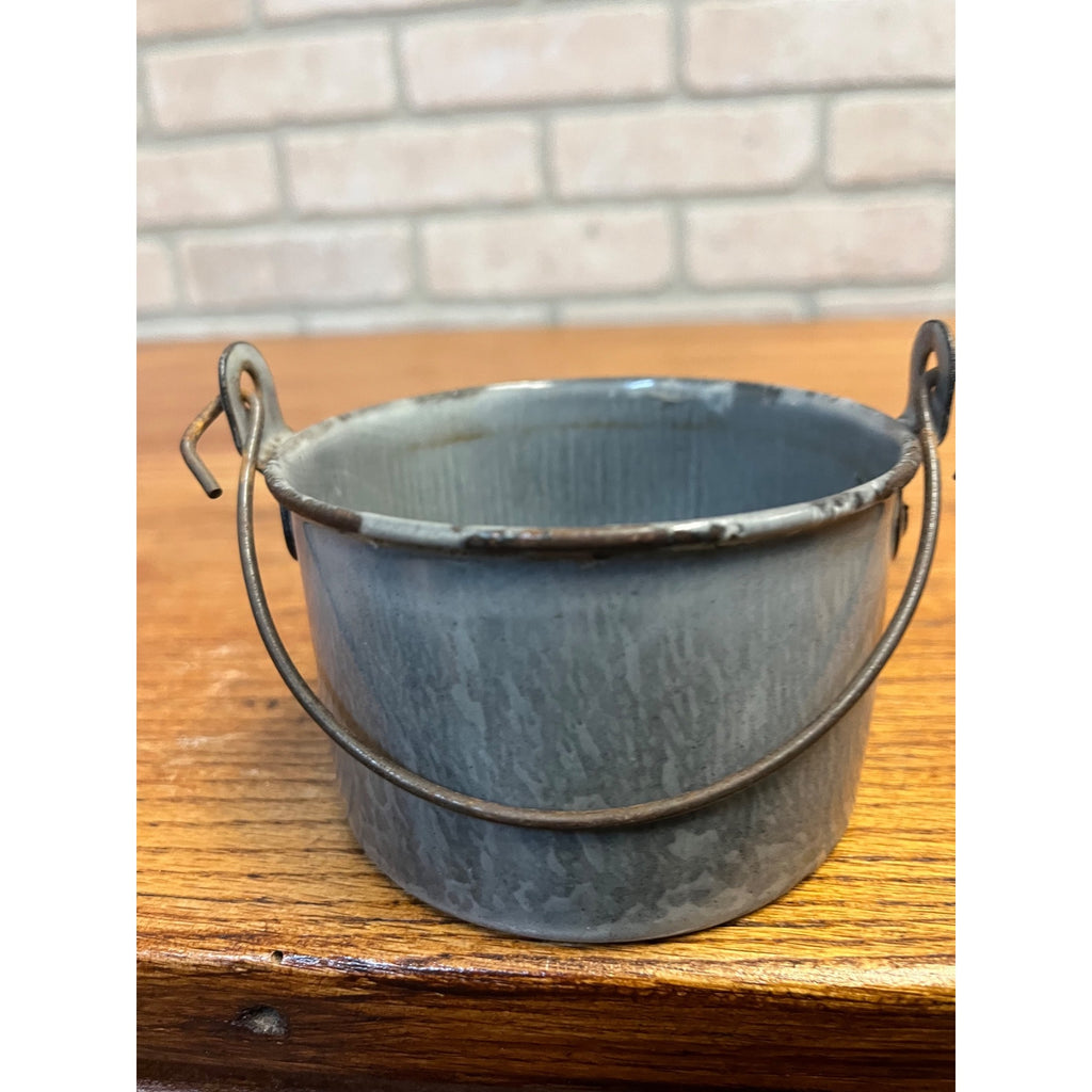 Antique Primitive Gray Enamel Graniteware Berry Bucket / Berry Pail -No Lid- Farmhouse Decor, Miniature