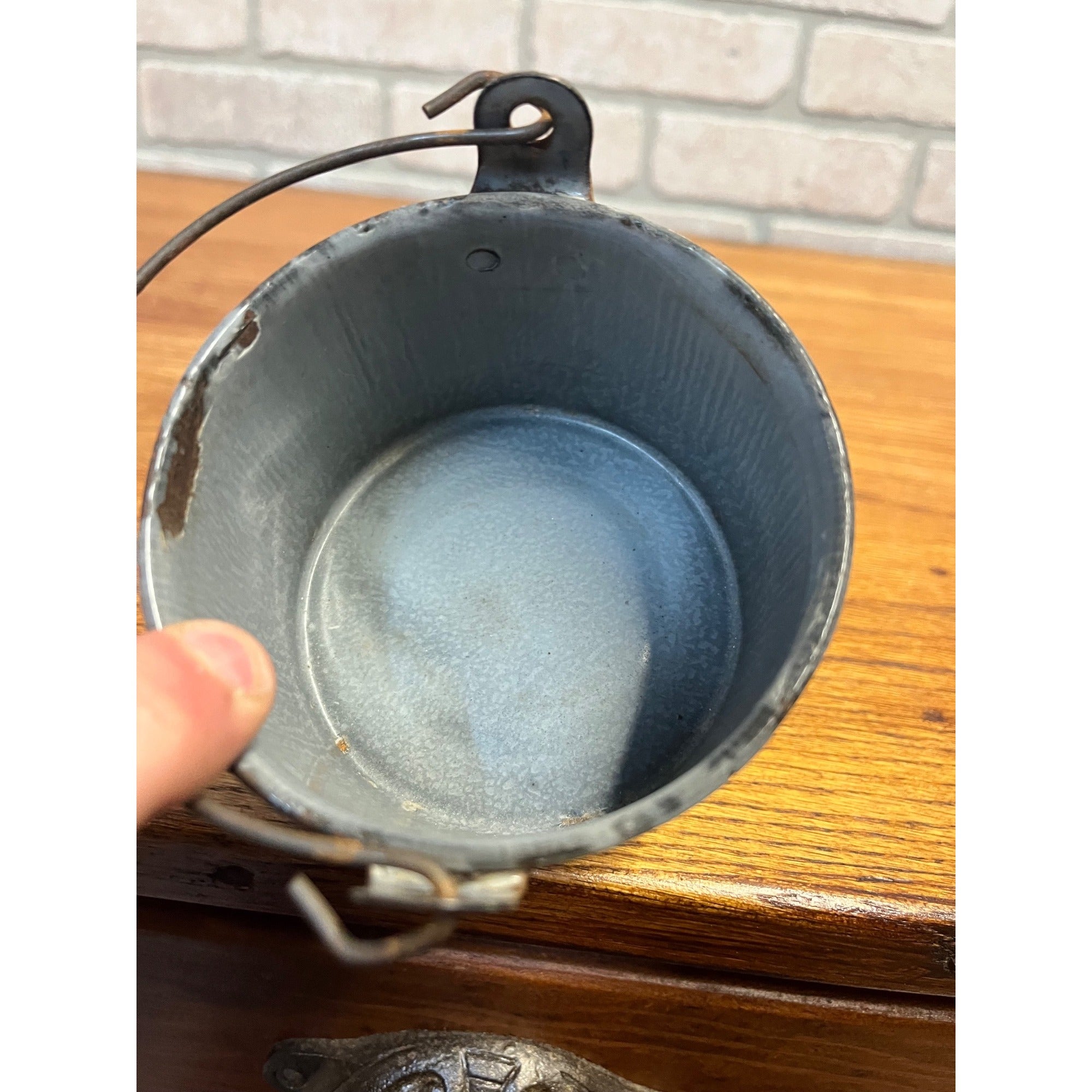 Antique Primitive Gray Enamel Graniteware Berry Bucket / Berry Pail -No Lid- Farmhouse Decor, Miniature