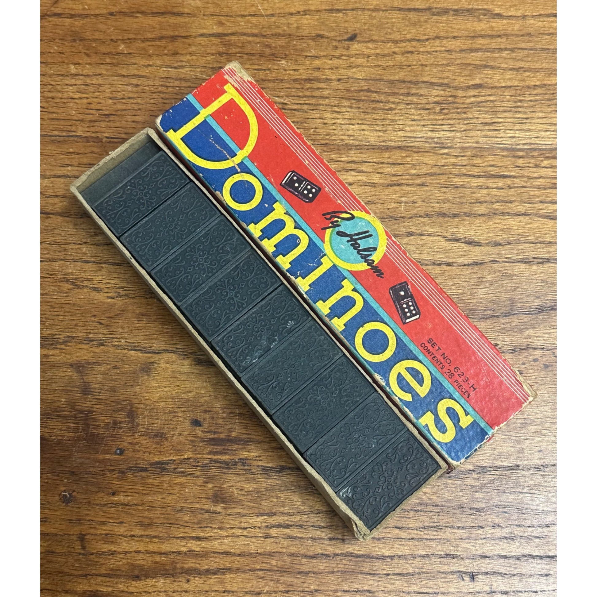 Vintage 1940s Halsam Wooden Dominoes w/ Box 28pc Set 623-H Ornate