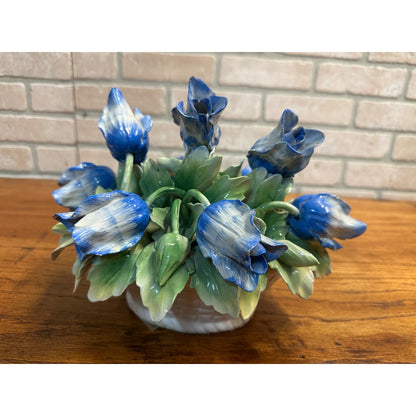 Vintage Capodimonte Flower Basket With Blue Flowers Green Leaves 11" X 8" Italy