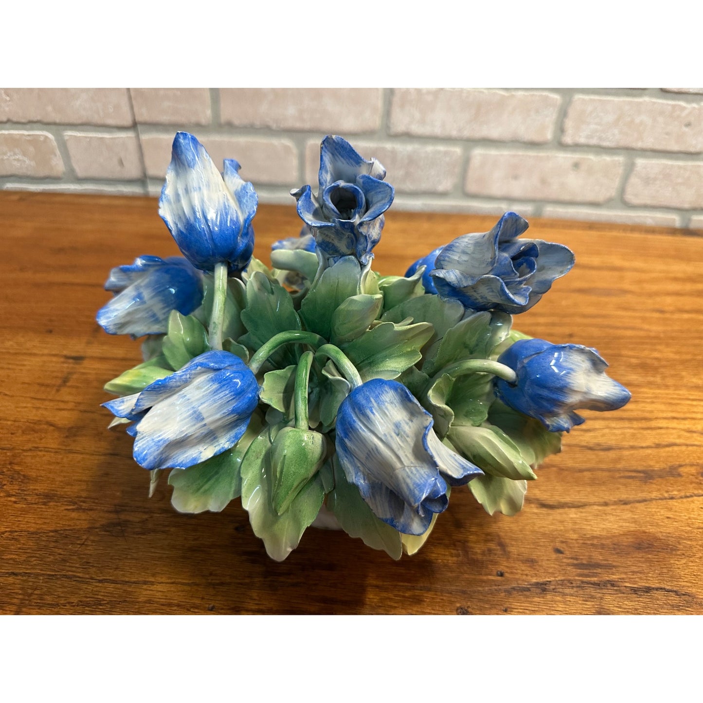 Vintage Capodimonte Flower Basket With Blue Flowers Green Leaves 11" X 8" Italy