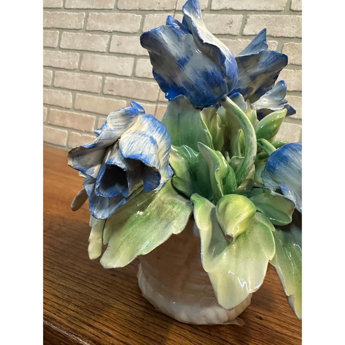 Vintage Capodimonte Flower Basket With Blue Flowers Green Leaves 11" X 8" Italy