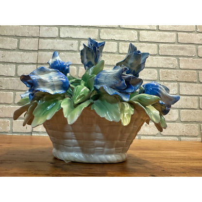 Vintage Capodimonte Flower Basket With Blue Flowers Green Leaves 11" X 8" Italy