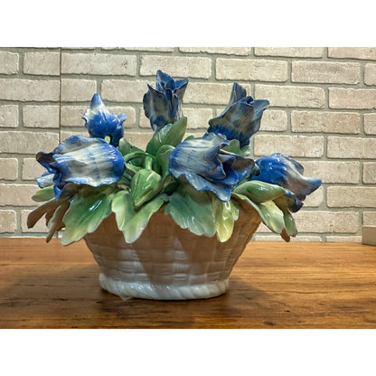 Vintage Capodimonte Flower Basket With Blue Flowers Green Leaves 11" X 8" Italy