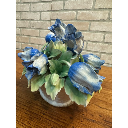 Vintage Capodimonte Flower Basket With Blue Flowers Green Leaves 11" X 8" Italy