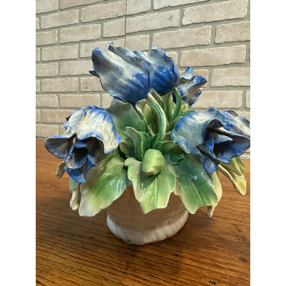 Vintage Capodimonte Flower Basket With Blue Flowers Green Leaves 11" X 8" Italy