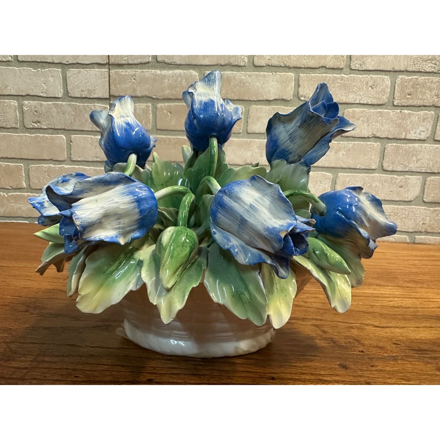 Vintage Capodimonte Flower Basket With Blue Flowers Green Leaves 11" X 8" Italy