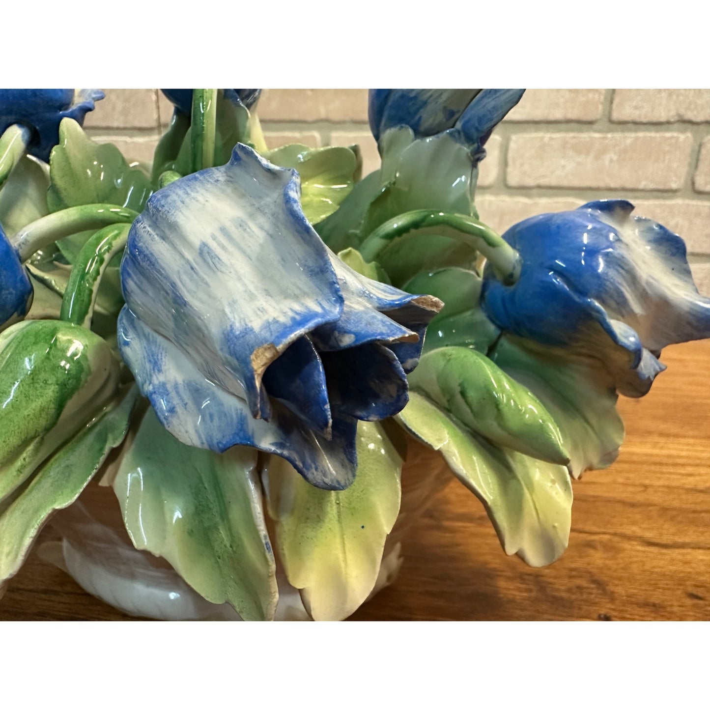 Vintage Capodimonte Flower Basket With Blue Flowers Green Leaves 11" X 8" Italy