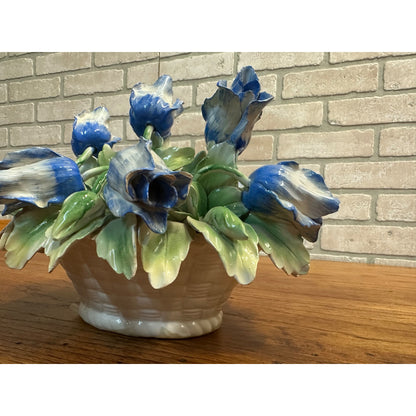 Vintage Capodimonte Flower Basket With Blue Flowers Green Leaves 11" X 8" Italy