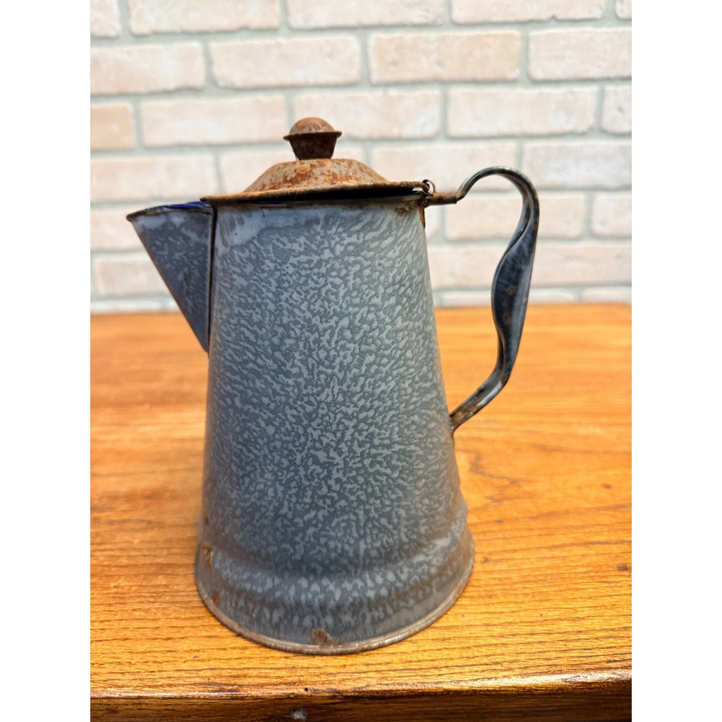 Antique Primitive Farmhouse Enamelware Gray Graniteware 8" Coffee Pot - As-Is
