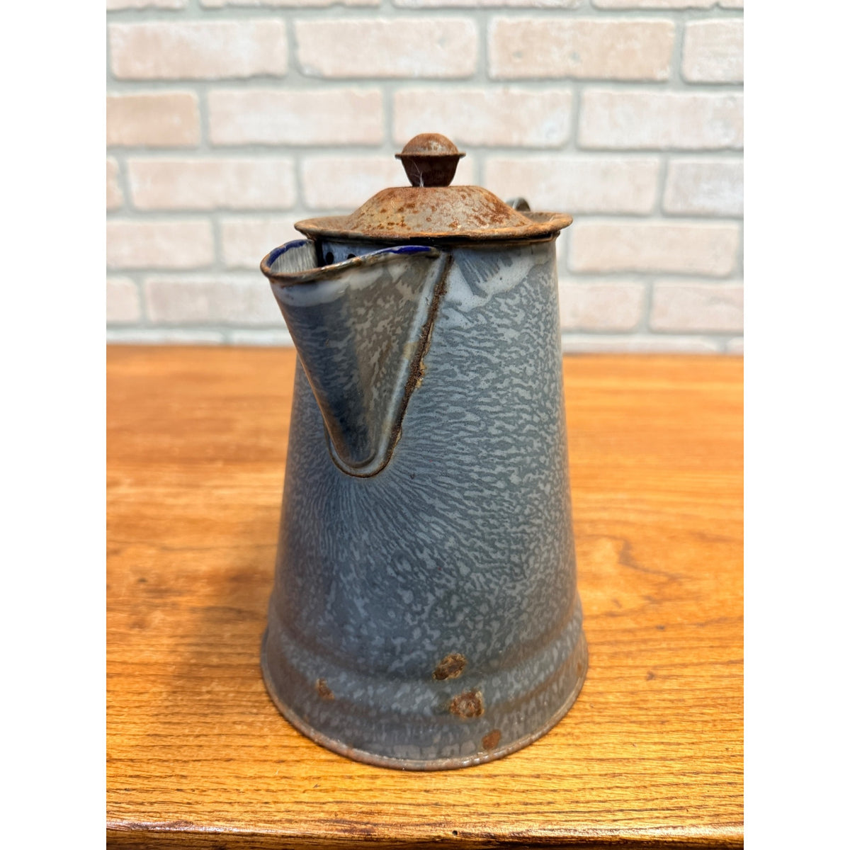 Antique Primitive Farmhouse Enamelware Gray Graniteware 8" Coffee Pot - As-Is