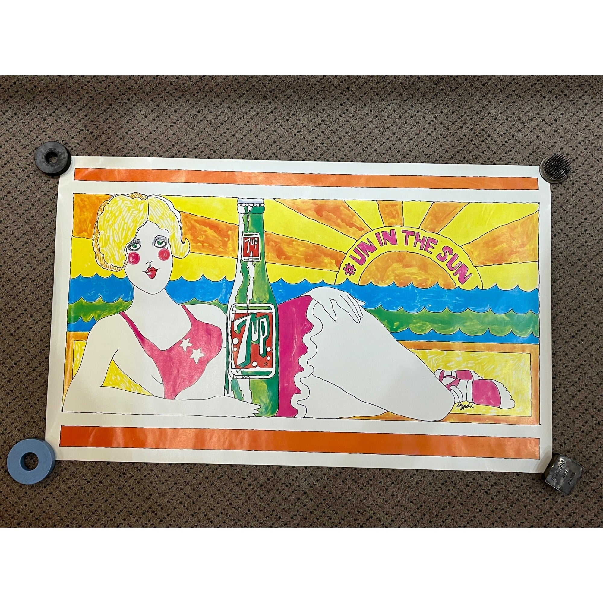 RARE Vintage 1969 7UP #Un In The Sun Poster By Pat Dupold 34"x21"