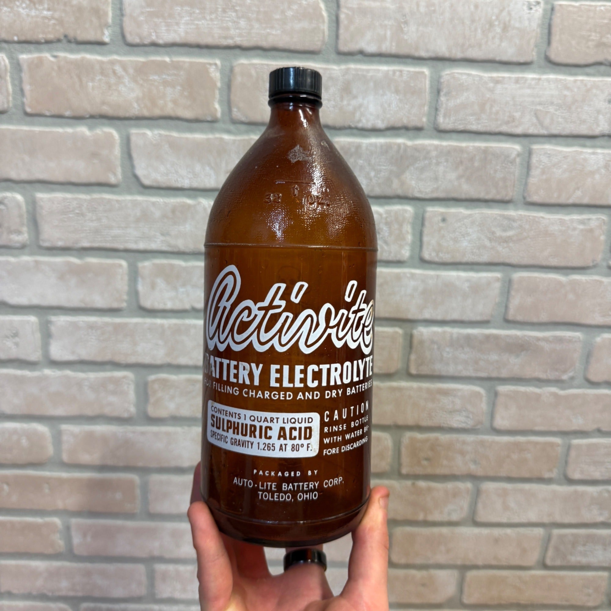 Auto-Lite Battery Electrolyte Bottle Container Vtg Retro Electric Auto Garage