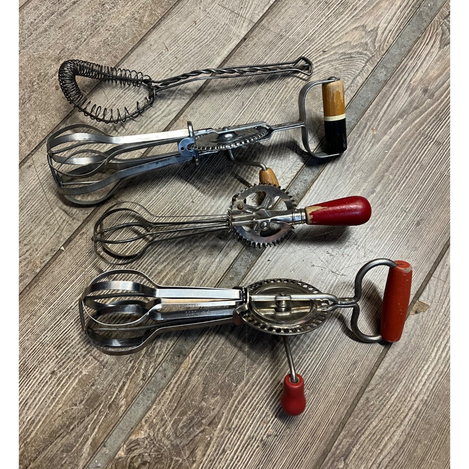 Vintage Lot Egg Beater Whisks Wood Handle Kitchen Tools Ecko Edlund