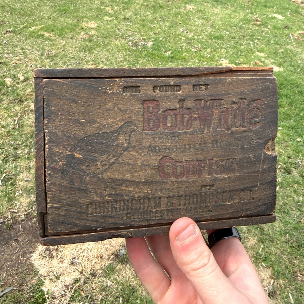 Antique Vintage Bob White Codfish Slide Top Wooden Box Advertising Gloucester MA