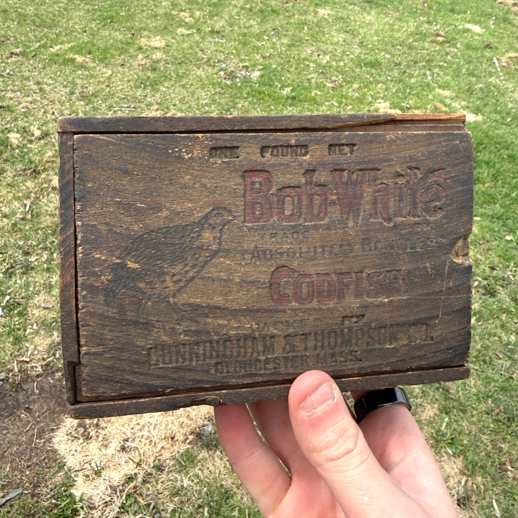 Antique Vintage Bob White Codfish Slide Top Wooden Box Advertising Gloucester MA
