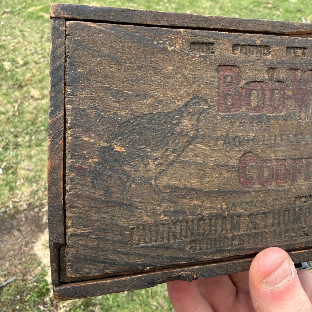 Antique Vintage Bob White Codfish Slide Top Wooden Box Advertising Gloucester MA