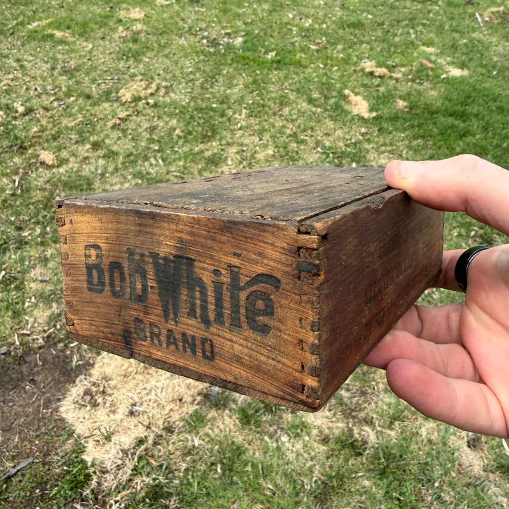 Antique Vintage Bob White Codfish Slide Top Wooden Box Advertising Gloucester MA