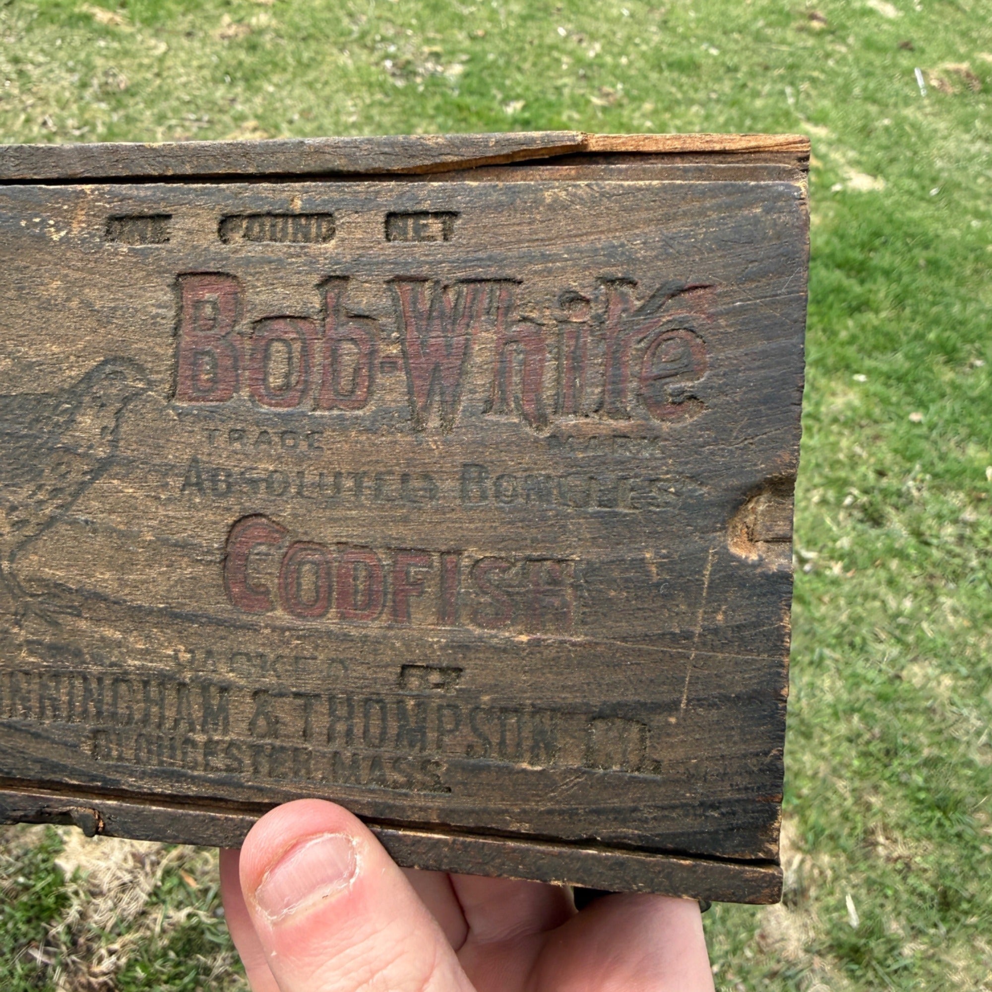 Antique Vintage Bob White Codfish Slide Top Wooden Box Advertising Gloucester MA