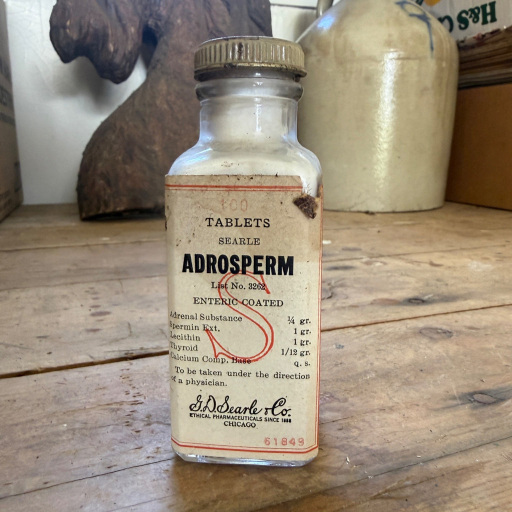 RARE Vintage Adrosperm Tablets Bottle Searle Chicago Medicine Drug Store FULL
