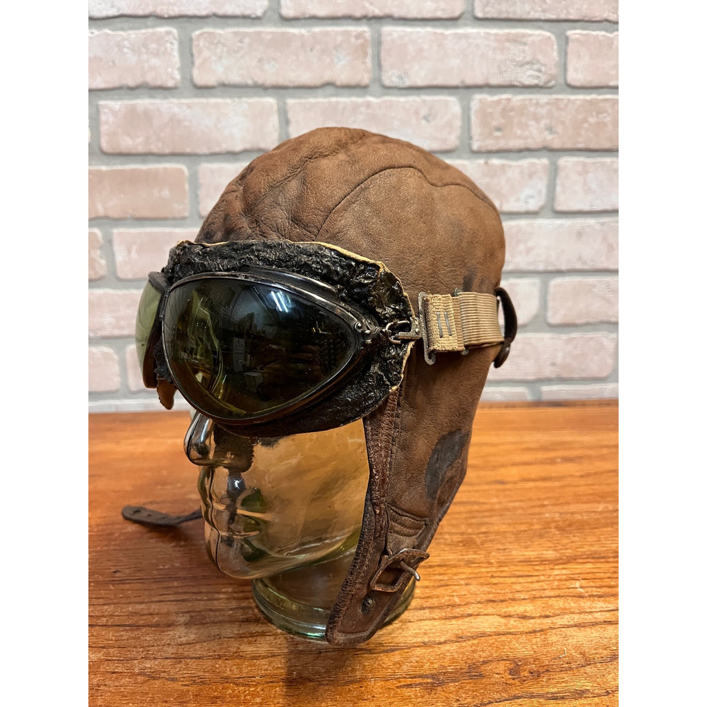 Vintage 1920s Scully Bros Brown Leather Air Mail Helmet & Willson Pilot Goggles
