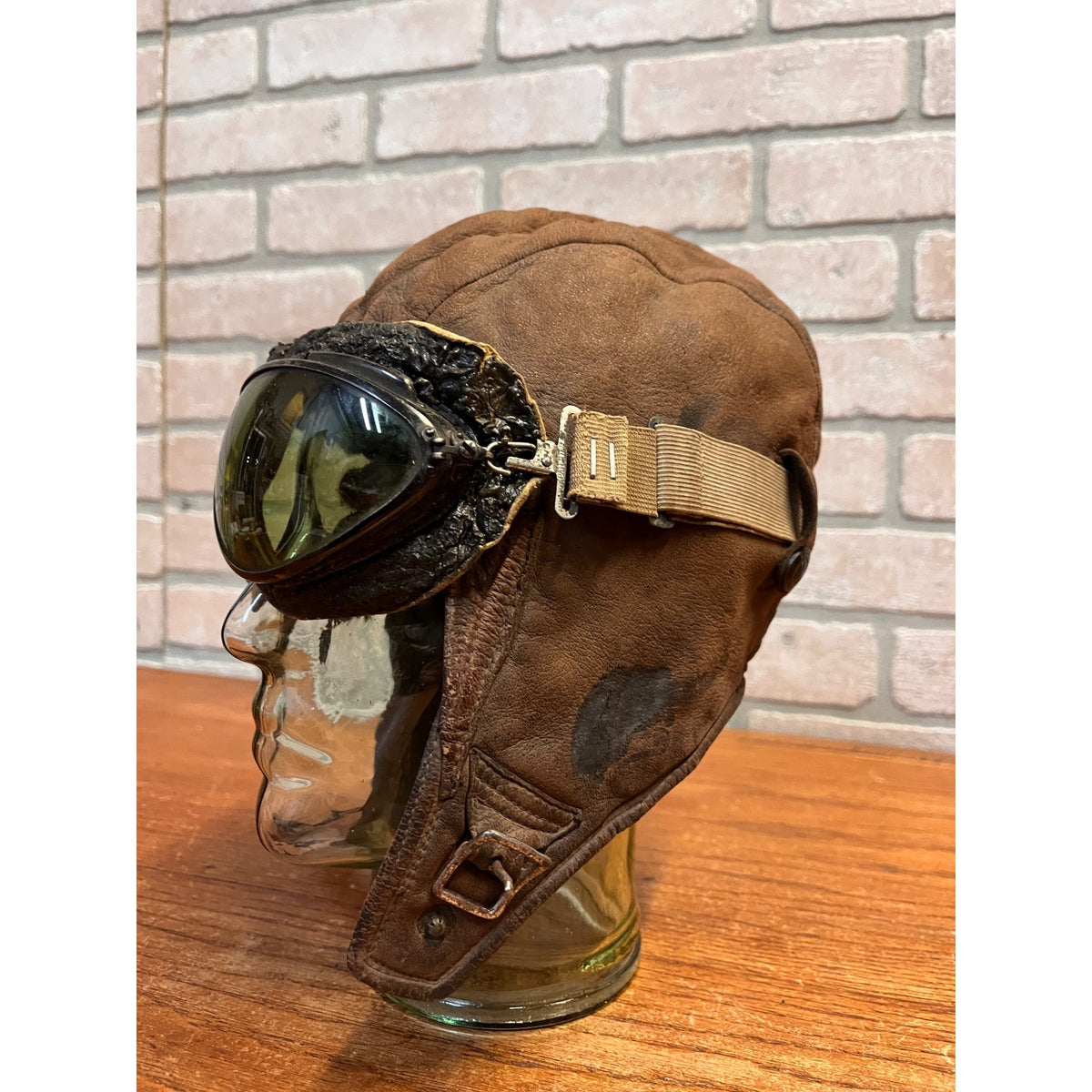 Vintage 1920s Scully Bros Brown Leather Air Mail Helmet & Willson Pilot Goggles