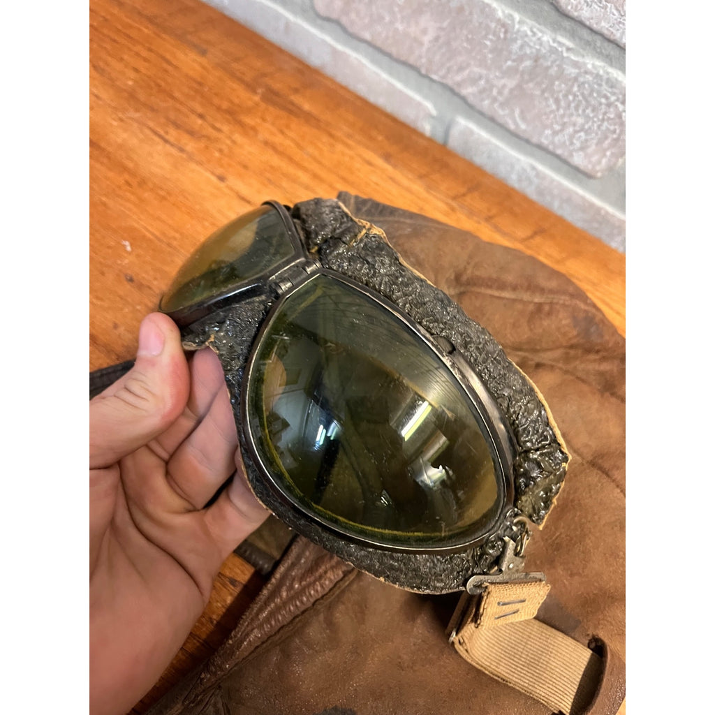Vintage 1920s Scully Bros Brown Leather Air Mail Helmet & Willson Pilot Goggles