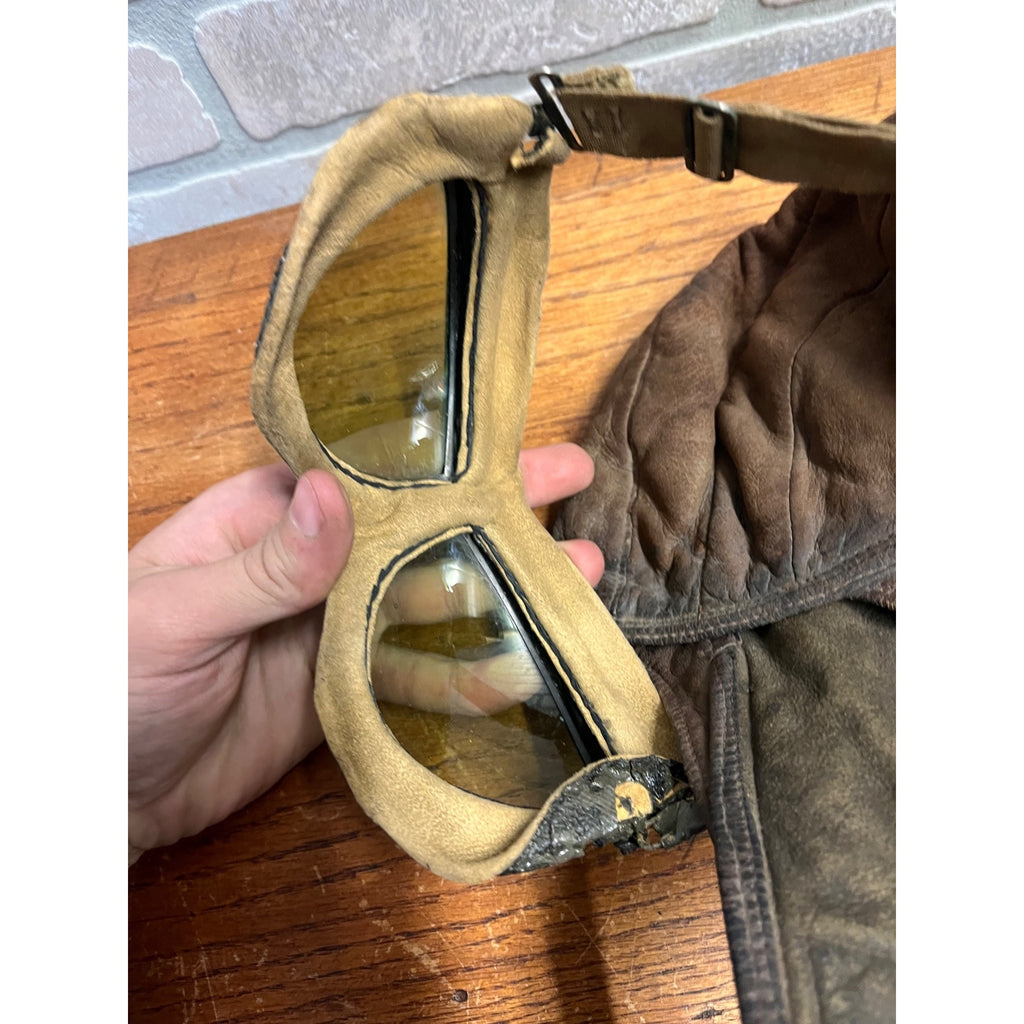 Vintage 1920s Scully Bros Brown Leather Air Mail Helmet & Willson Pilot Goggles