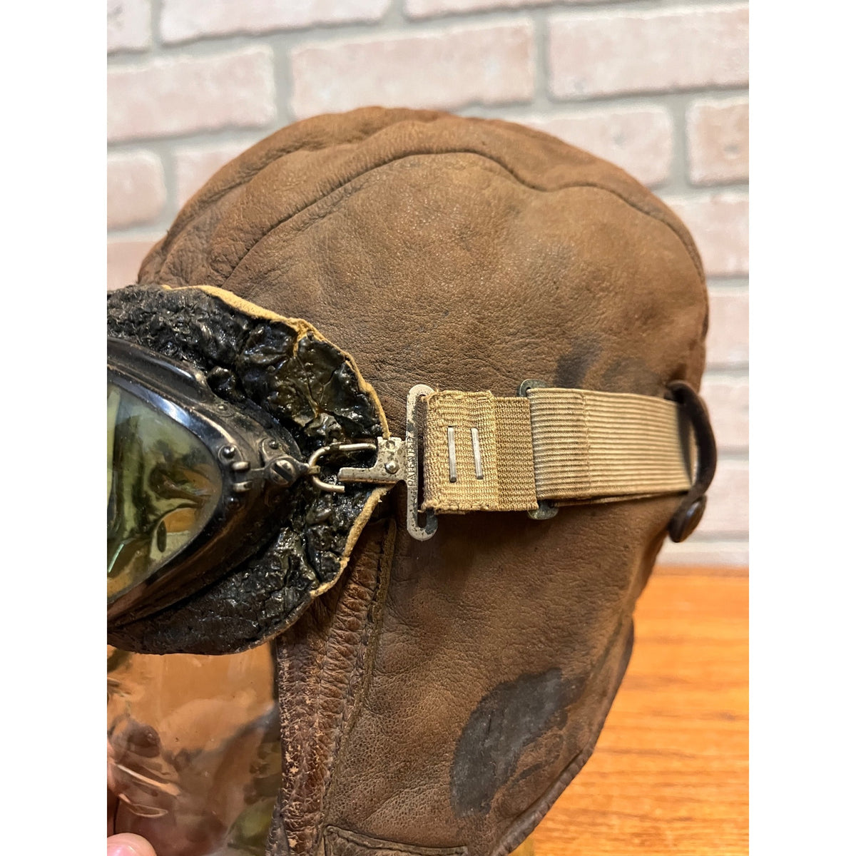 Vintage 1920s Scully Bros Brown Leather Air Mail Helmet & Willson Pilot Goggles