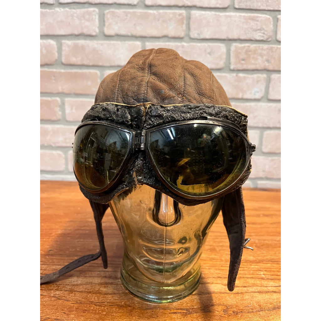Vintage 1920s Scully Bros Brown Leather Air Mail Helmet & Willson Pilot Goggles