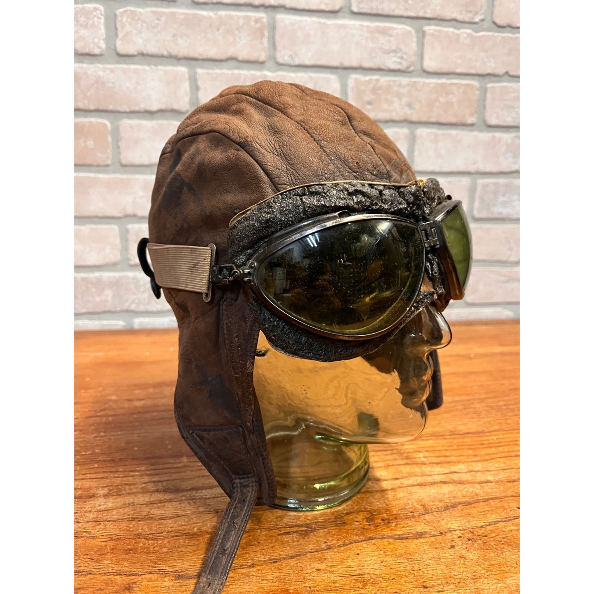 Vintage 1920s Scully Bros Brown Leather Air Mail Helmet & Willson Pilot Goggles