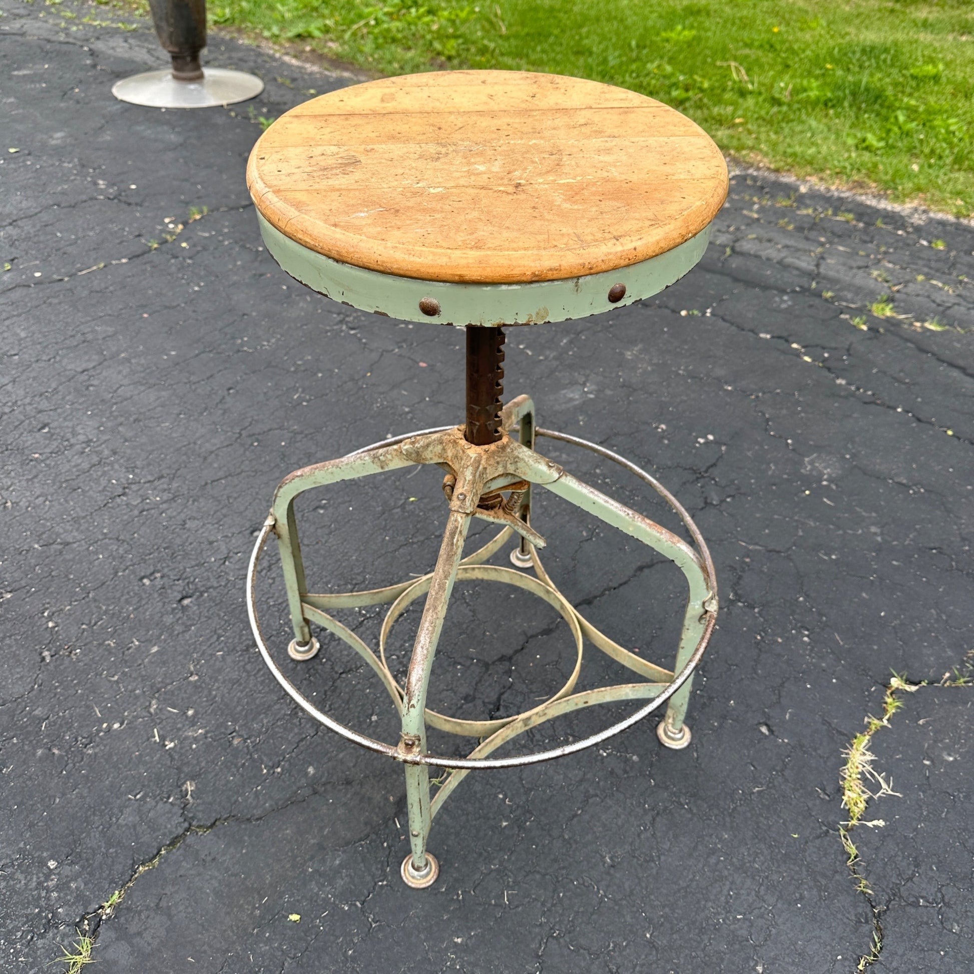 Vintage Toledo Stool Industrial Adjustable Swivel Wood Seat Drafting Shop