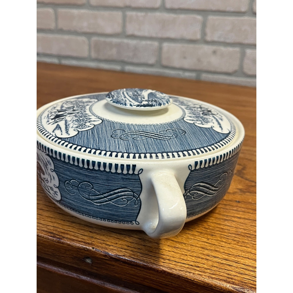 Vintage Currier and Ives by Royal China 1.25 QT Round Covered Casserole Dish