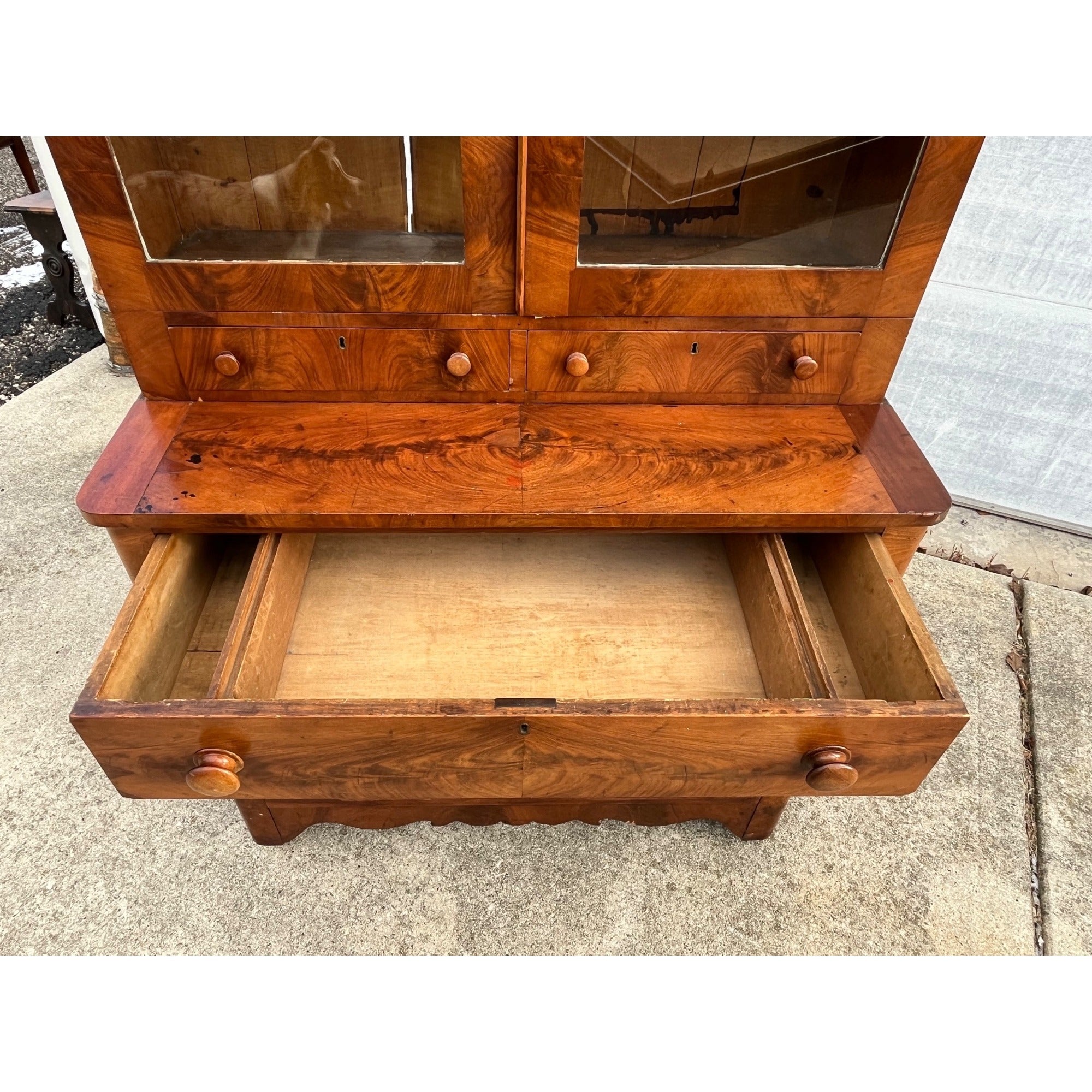 Antique Mahogany or Burl Oak Book Case Secretary 2-Piece Cabinet Drawers