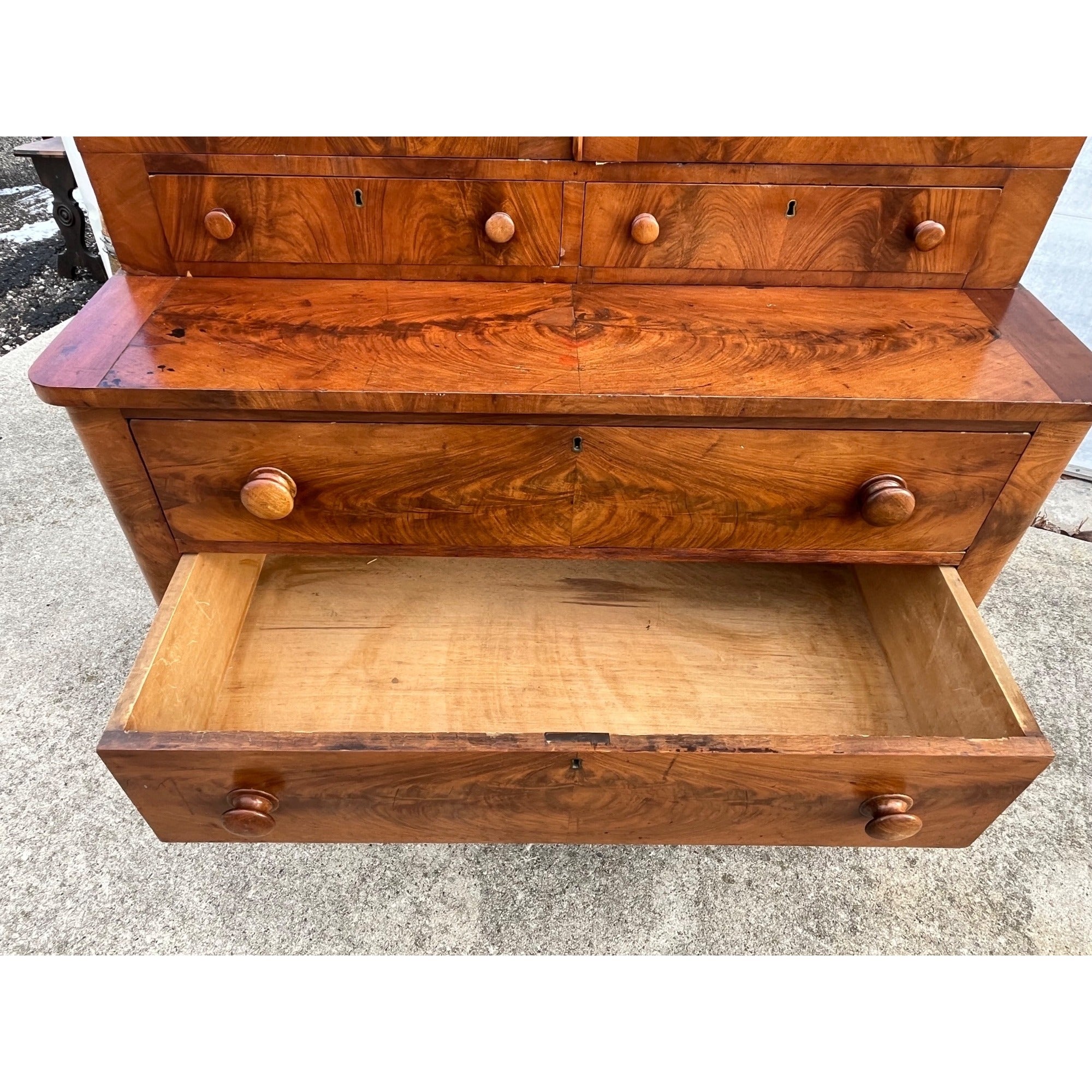 Antique Mahogany or Burl Oak Book Case Secretary 2-Piece Cabinet Drawers