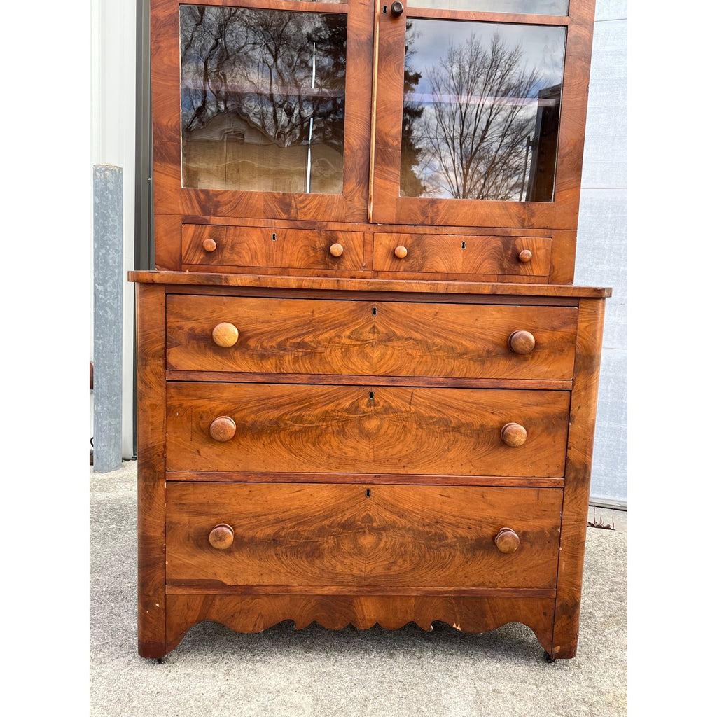 Antique Mahogany or Burl Oak Book Case Secretary 2-Piece Cabinet Drawers