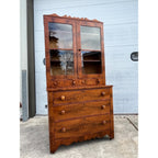 Antique Mahogany or Burl Oak Book Case Secretary 2-Piece Cabinet Drawers